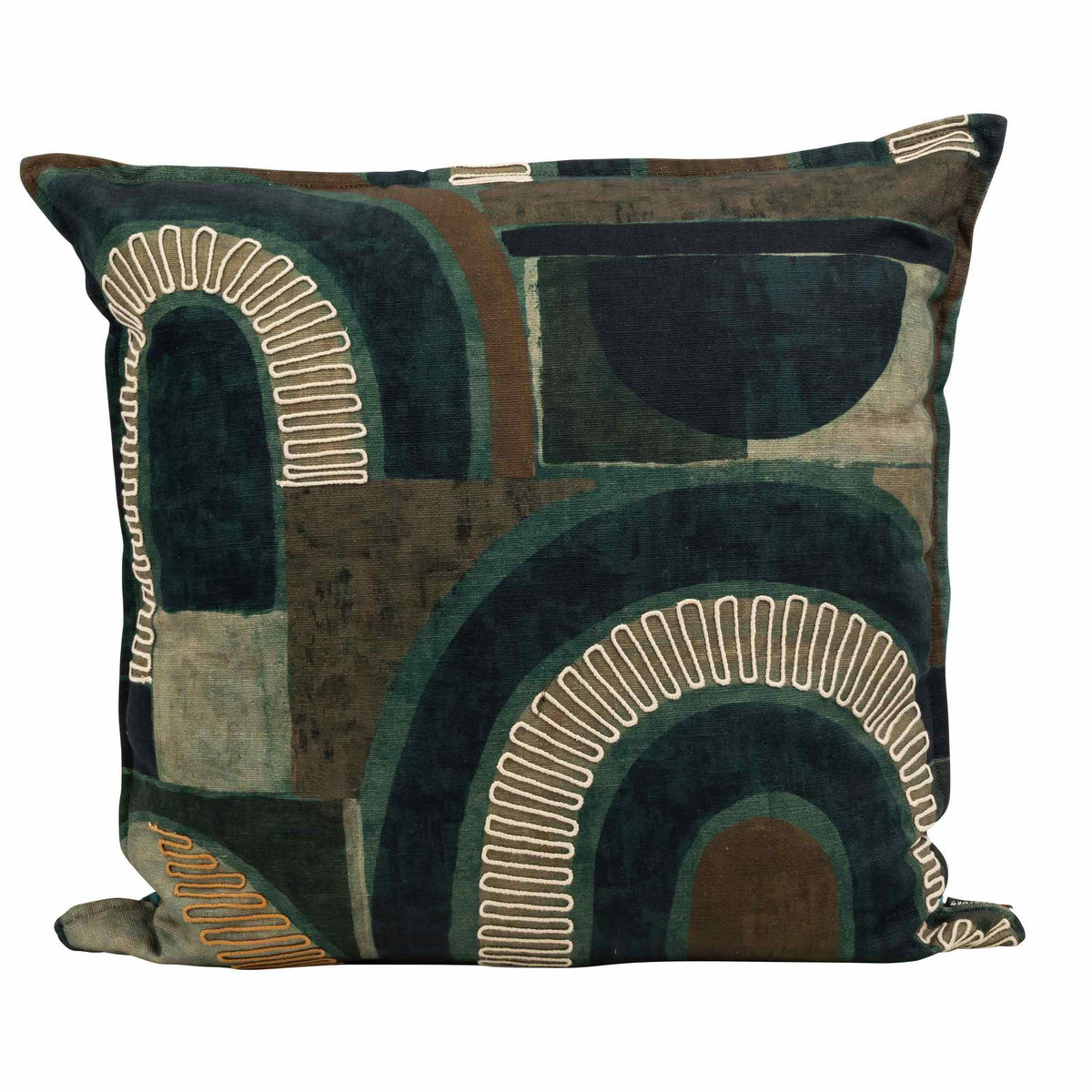 A square scatter cushion featuring the Okavango Ocean design, an abstract pattern of teal, emerald, and earth-tone arches and geometric shapes with white textured embroidery.| Leather Gallery Scatter Cushions