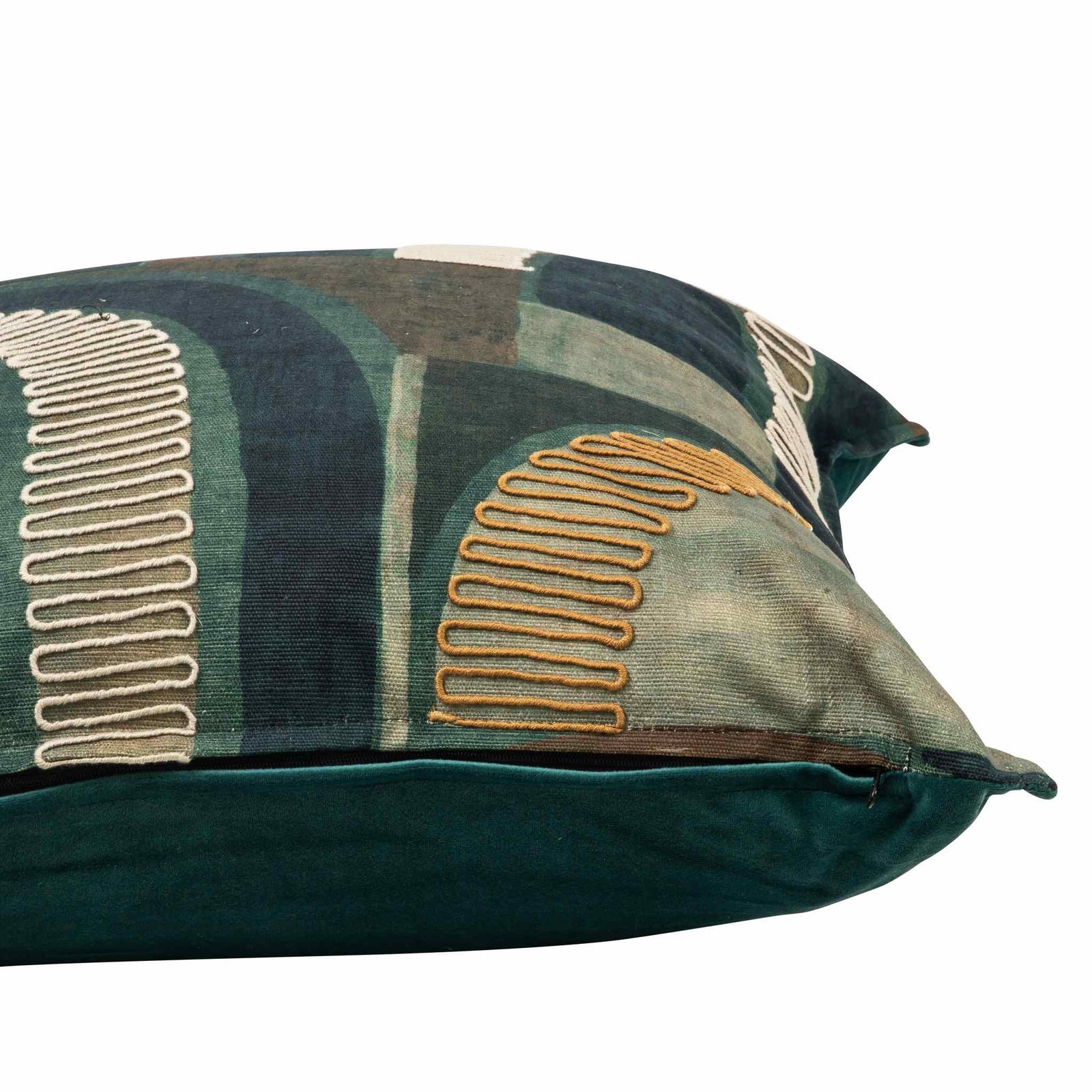 Side view of a .Okavango Ocean Cushion (59cm x 59cm) showcasing the discreet, hidden zipper closure and the soft emerald green velvet-like texture of the reverse side. | Leather Gallery Home Decor - Cushions