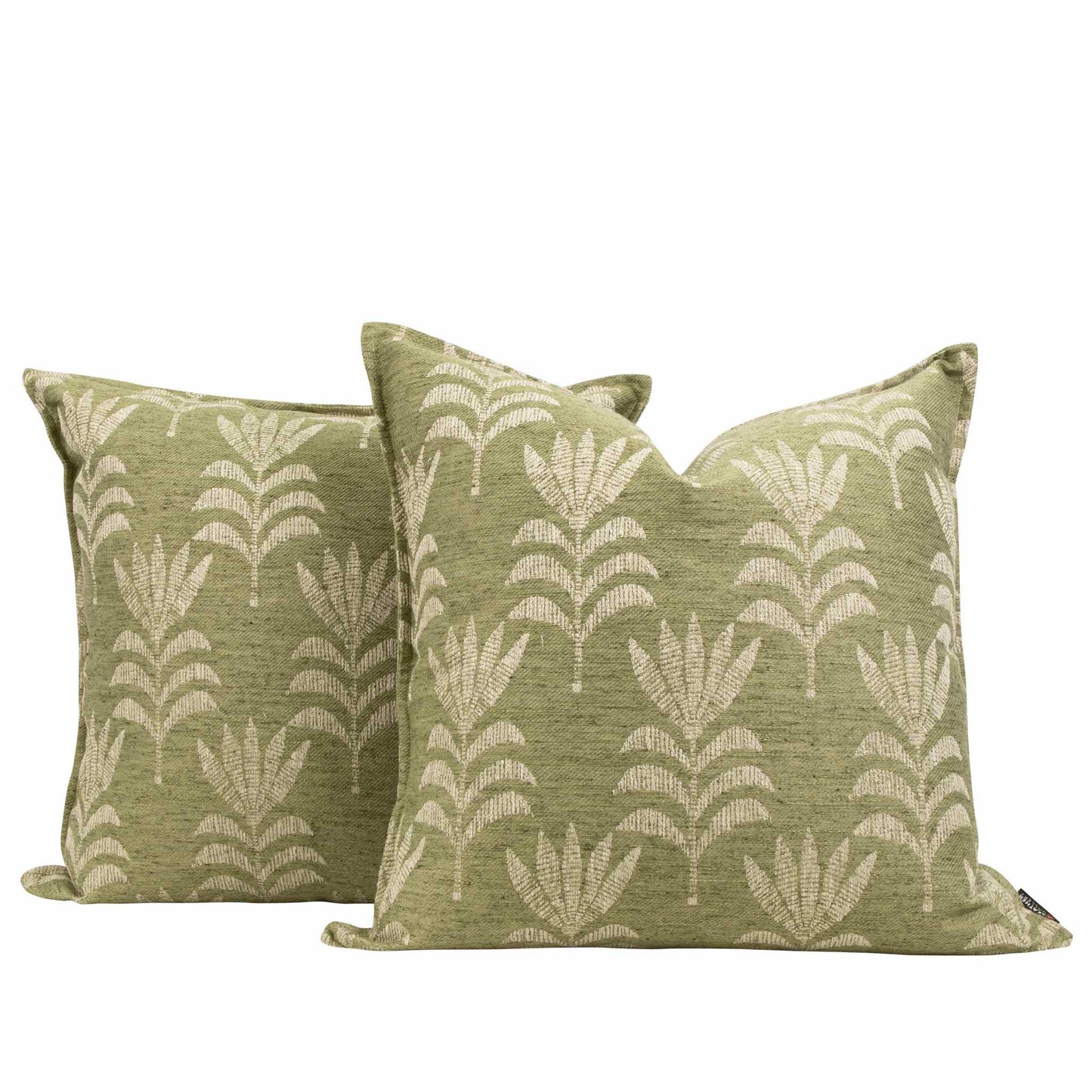 Two Wilderness Jade scatter cushions (59cm x 59cm) featuring cream botanical palm leaf patterns, ideal as decorative lounge cushions or sofa cushions for home styling. | Leather Gallery Scatter Cushions