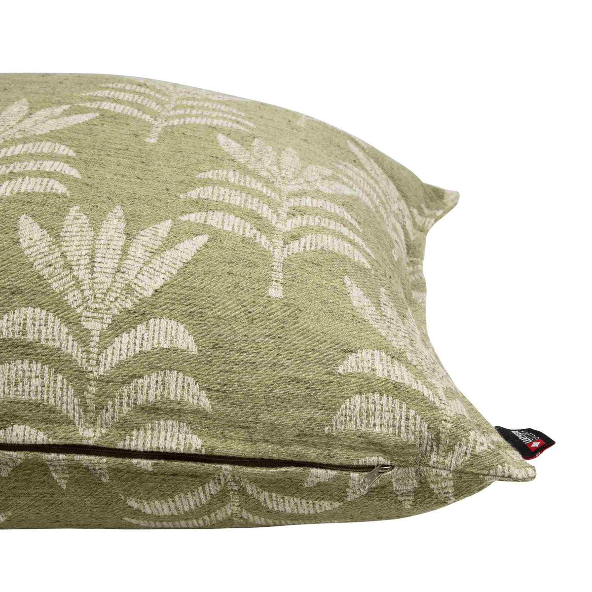 Detailed view of the concealed zipper on these Wilderness Jade cushions, showcasing the durable construction of these premium sofa cushions.| Leather Gallery Scatter Cushions