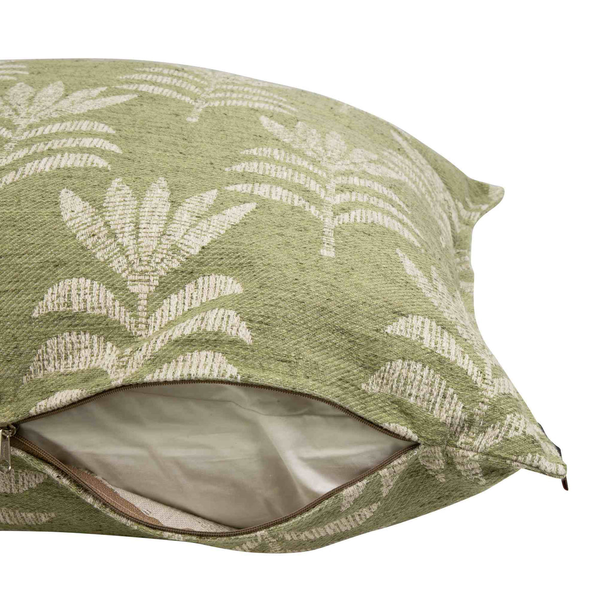 A Wilderness Jade lounge cushion cover partially unzipped to show the plush inner insert, highlighting the functionality of these scatter cushions. | Leather Gallery Scatter Cushions 