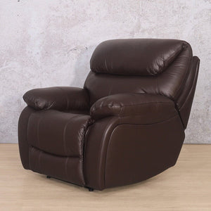 View from the side of the Delta 1 Seater Single Leather Recliner Chair from Leather Galley in colour Luxe Walnut. 