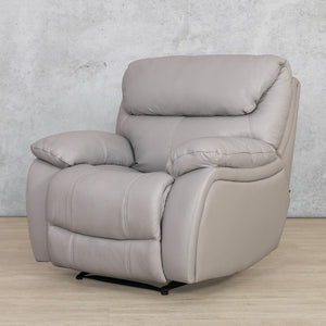 View from the side of the Delta 1 Seater Single Leather Recliner Chair from Leather Galley in colour Manatee Grey. 