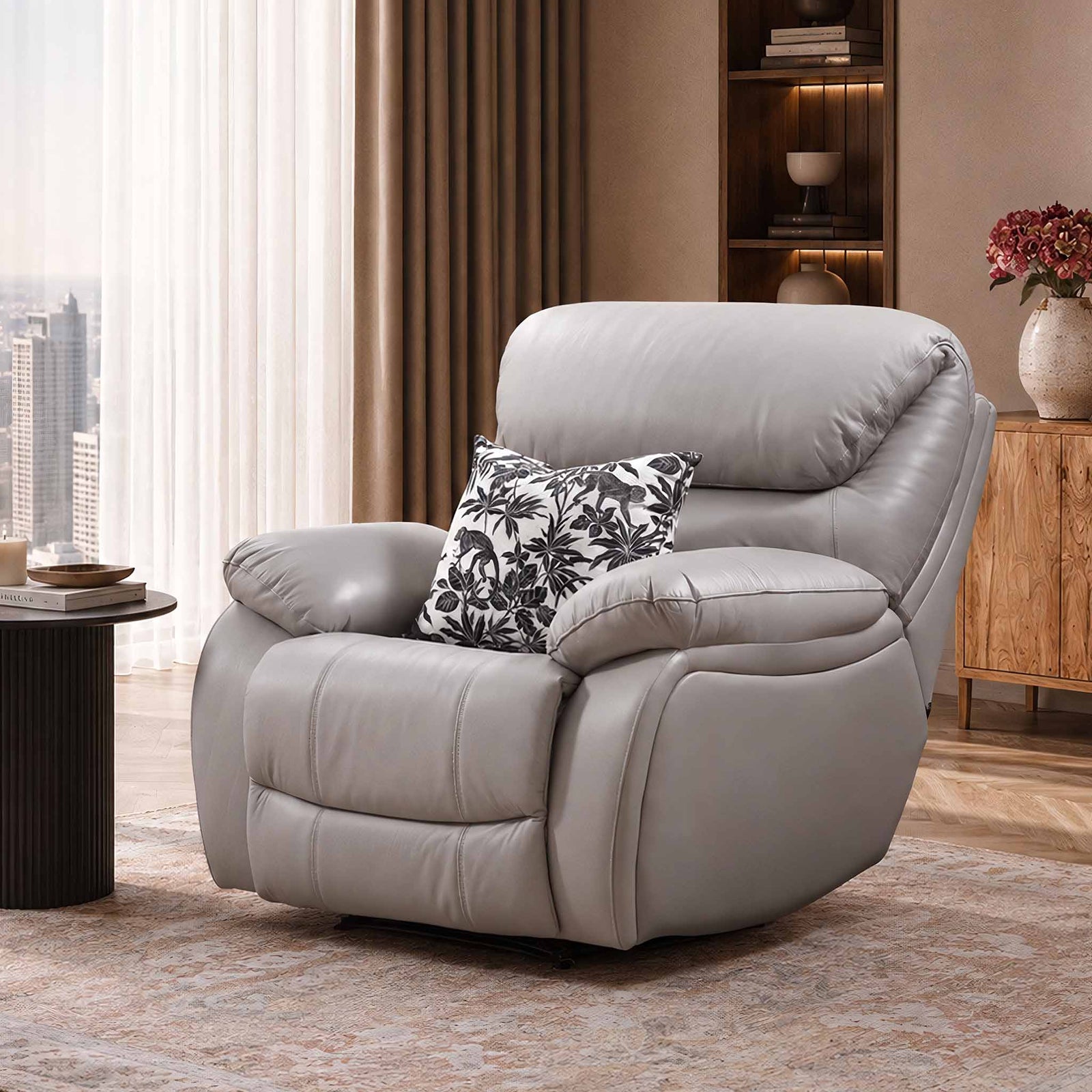 Leather Gallery Delta 1 Seater Leather Recliner Chair in Manatee Grey, styled with a patterned cushion in a modern living room.