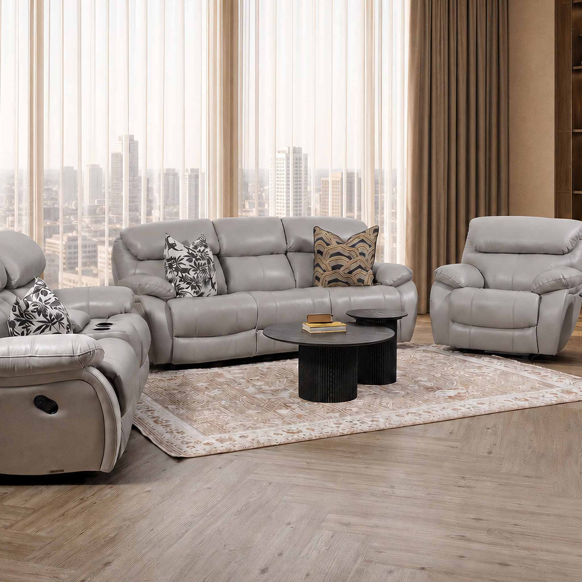 Leather Gallery Delta 3+2+1 Leather Recliner Home Theatre Suite in Manatee Grey, featuring matching 3 seater, 2 seater, and 1 seater recliners in a modern living room.
