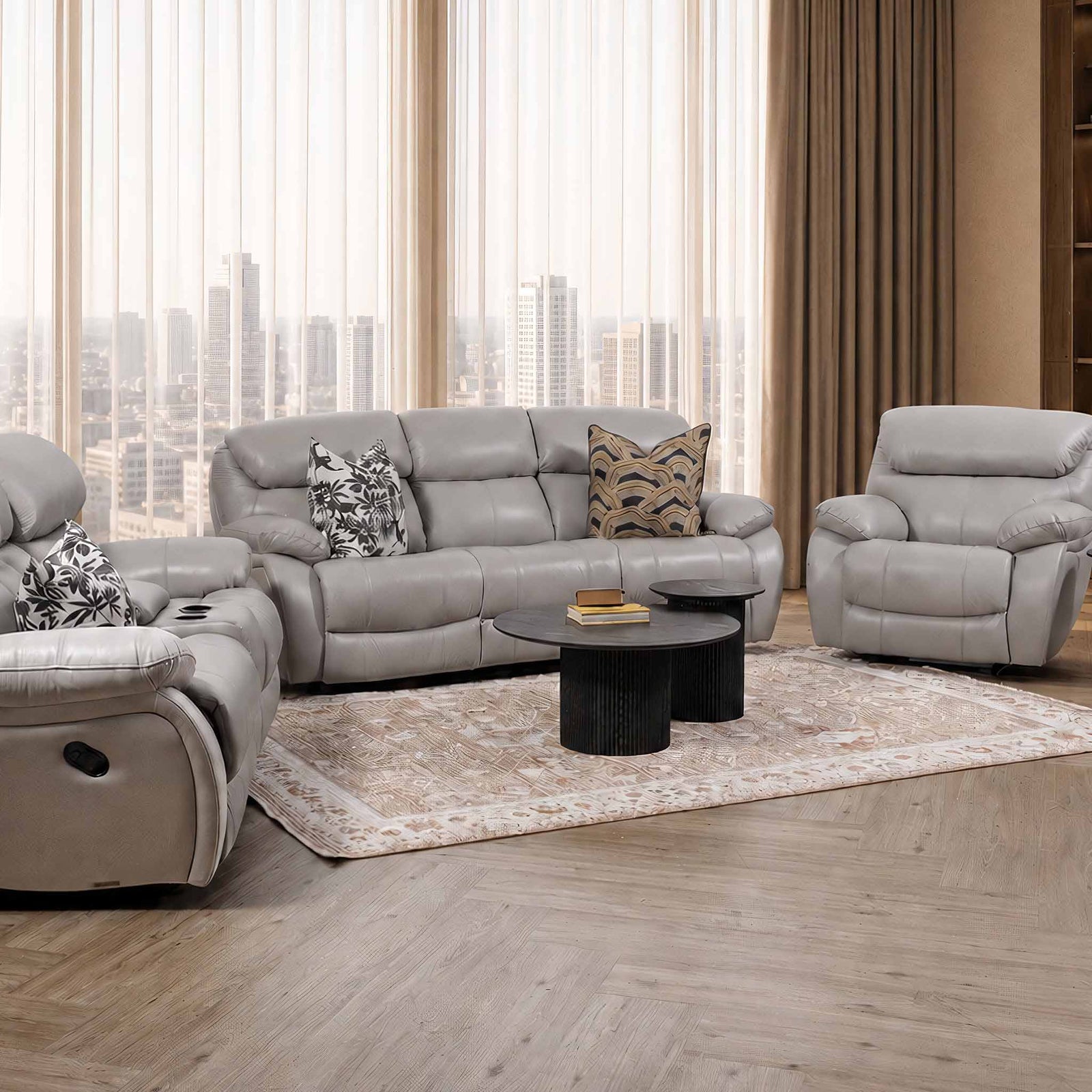 Leather Gallery Delta 3+2+1 Leather Recliner Home Theatre Suite in Manatee Grey, featuring matching 3 seater, 2 seater, and 1 seater recliners in a modern living room.