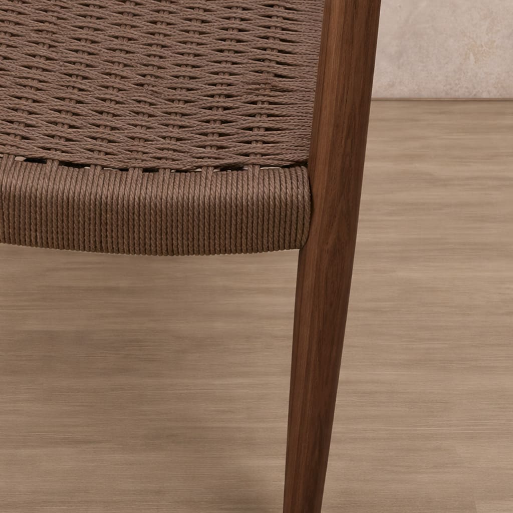 Easton wood dining chair featuring a walnut wood frame and a textured, handwoven rope seat. dining chairs, modern dining chairs, armchairs | close up