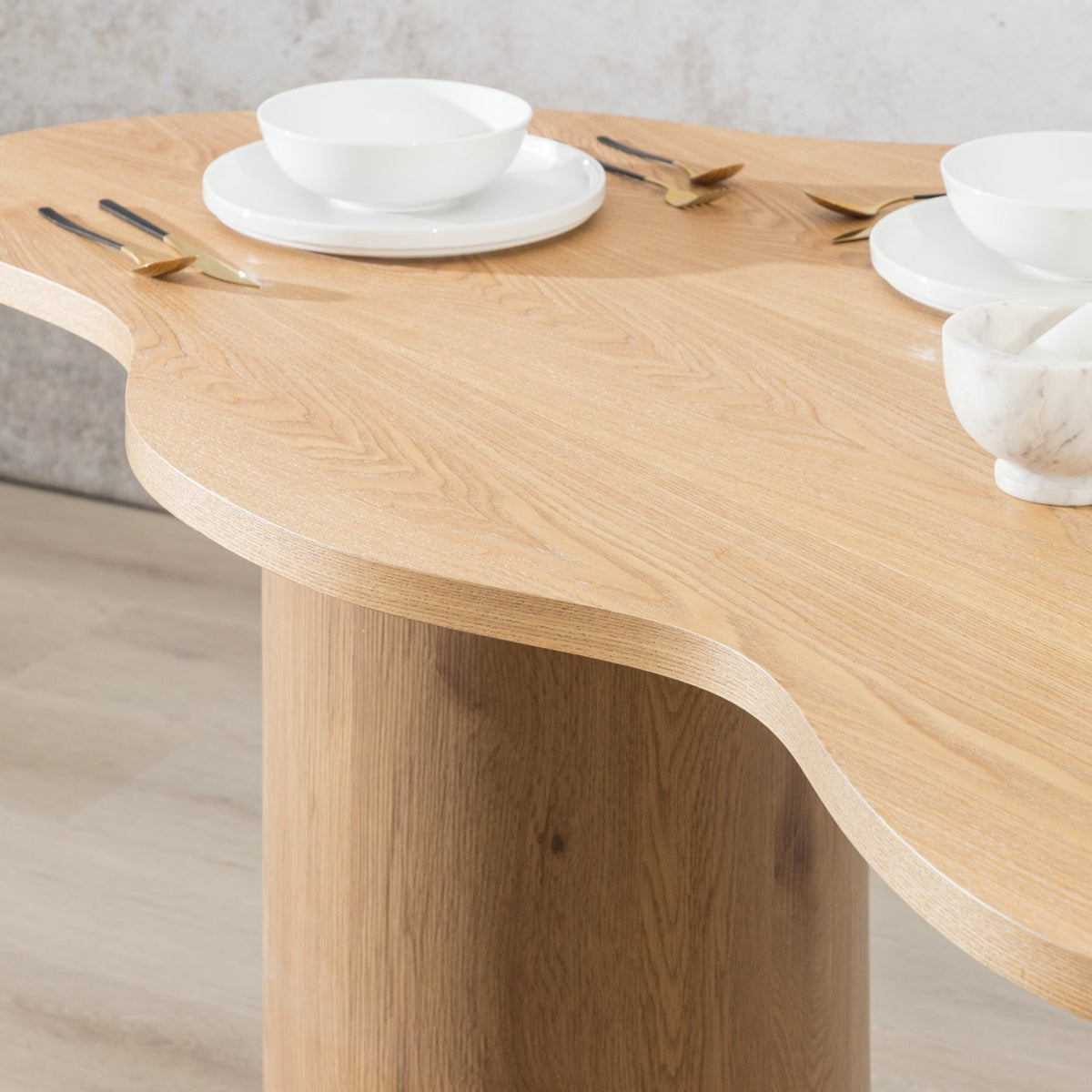 Elodie dining table styled with white crockery showing natural wood finish. | dining tables, wood dining room table, 4 seater dining table, modern dining table