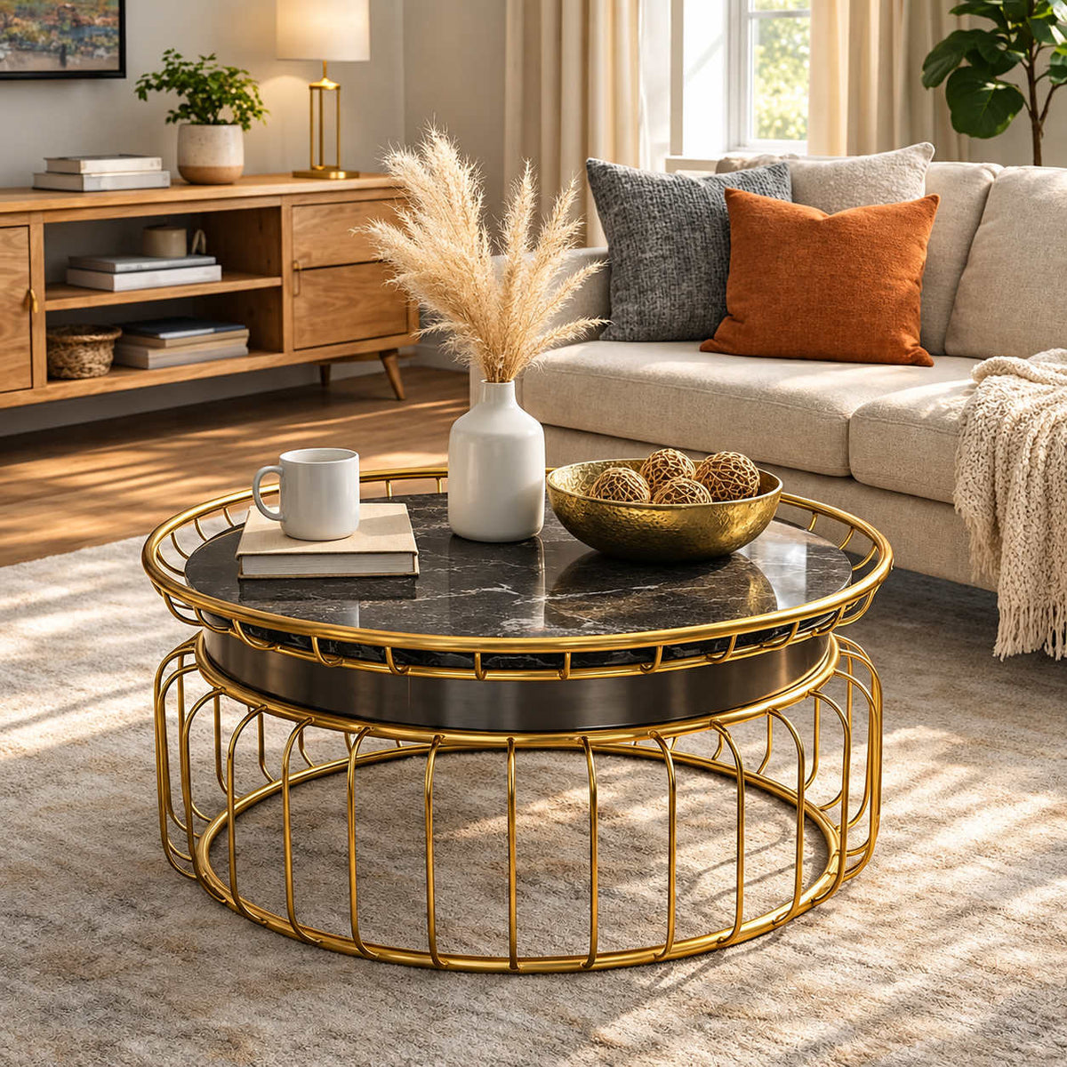 Leather Gallery Eve Coffee Table, featuring a round black marble top and gold base in a modern living room.