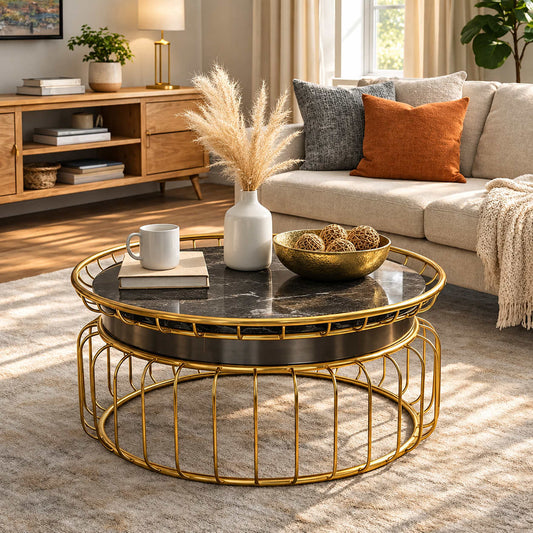 Leather Gallery Eve Coffee Table, featuring a round black marble top and gold base in a modern living room.