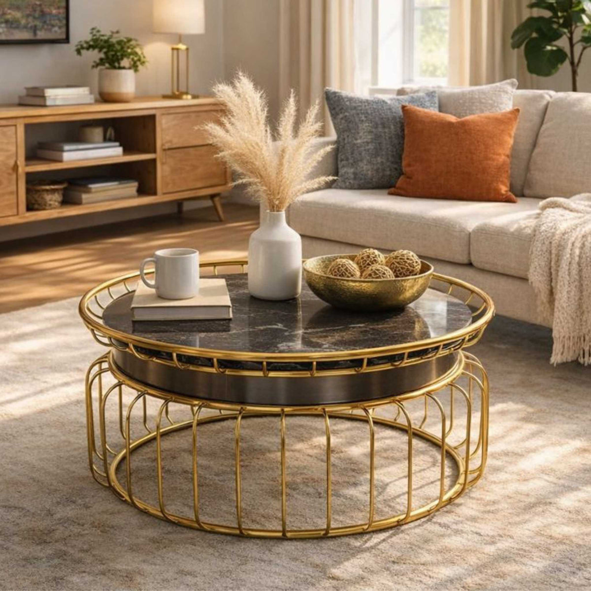 Leather Gallery Eve Coffee Table, featuring a round black marble top and gold base in a modern living room.