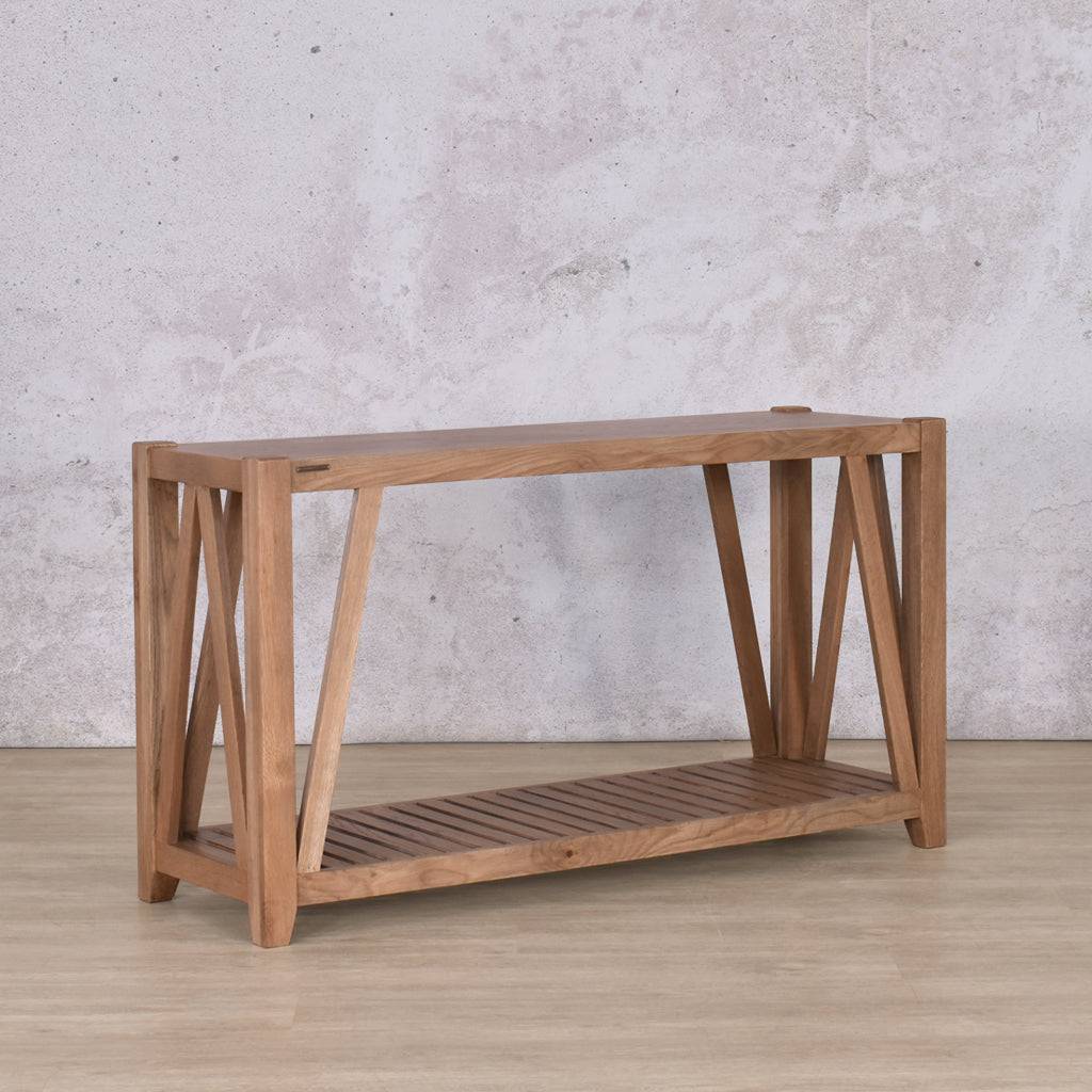 Angled View of the detailed legs & bottom shelf of the Fairview Server - Antique Natural Oak Servers | Server Tables | server tables for sale | Shop Servers And Hall Tables | Hallway Table | hall tables for sale | Furniture Shop | Leather Gallery Furniture Store