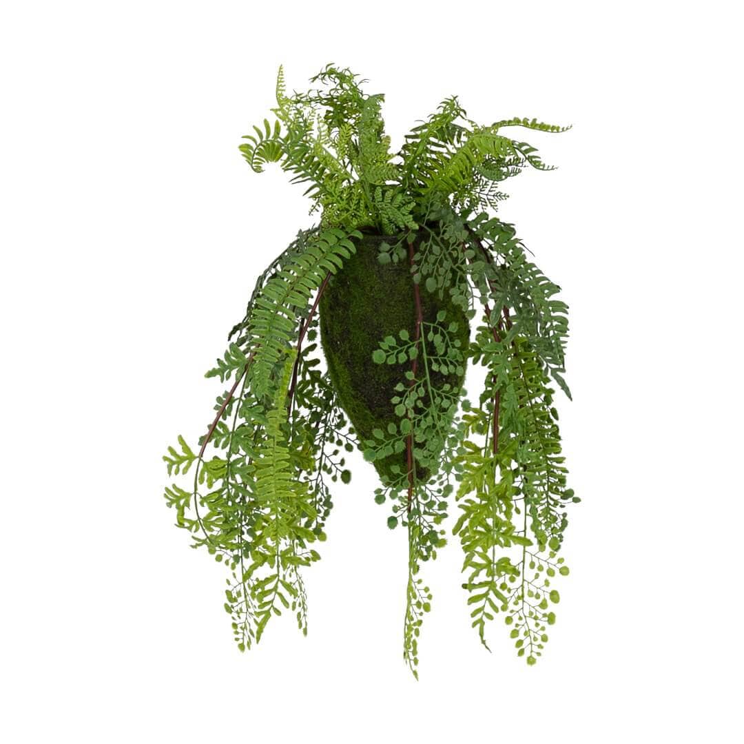 Faux Hanging Fern Plant Decor Leather Gallery Green Pot - 40.5cm x 38cm 