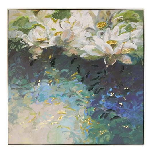 A square canvas painting featuring impressionistic white flowers with golden centers set against a textured background of blues, greens, and dark tones.