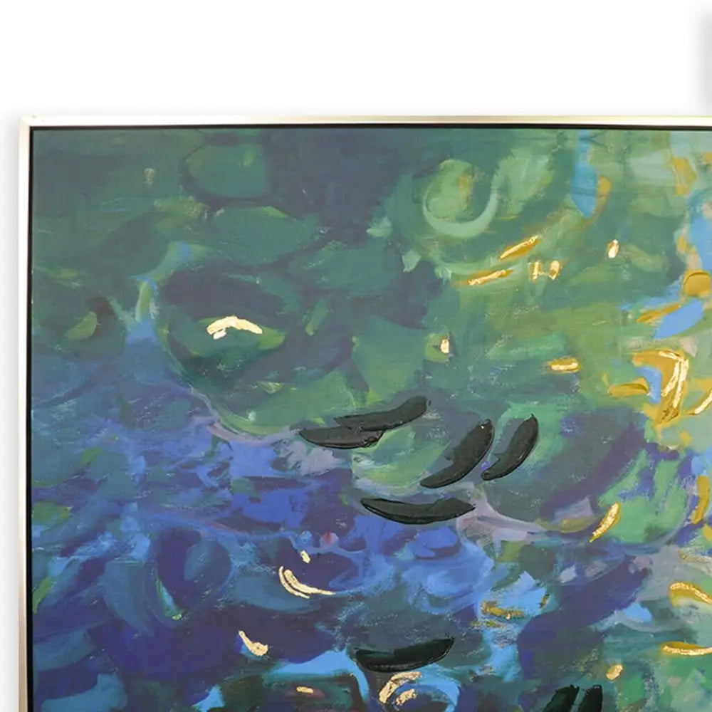 Close up of Floral Abstract Painting, botanical wall art for living room featuring deep blue and green hues.