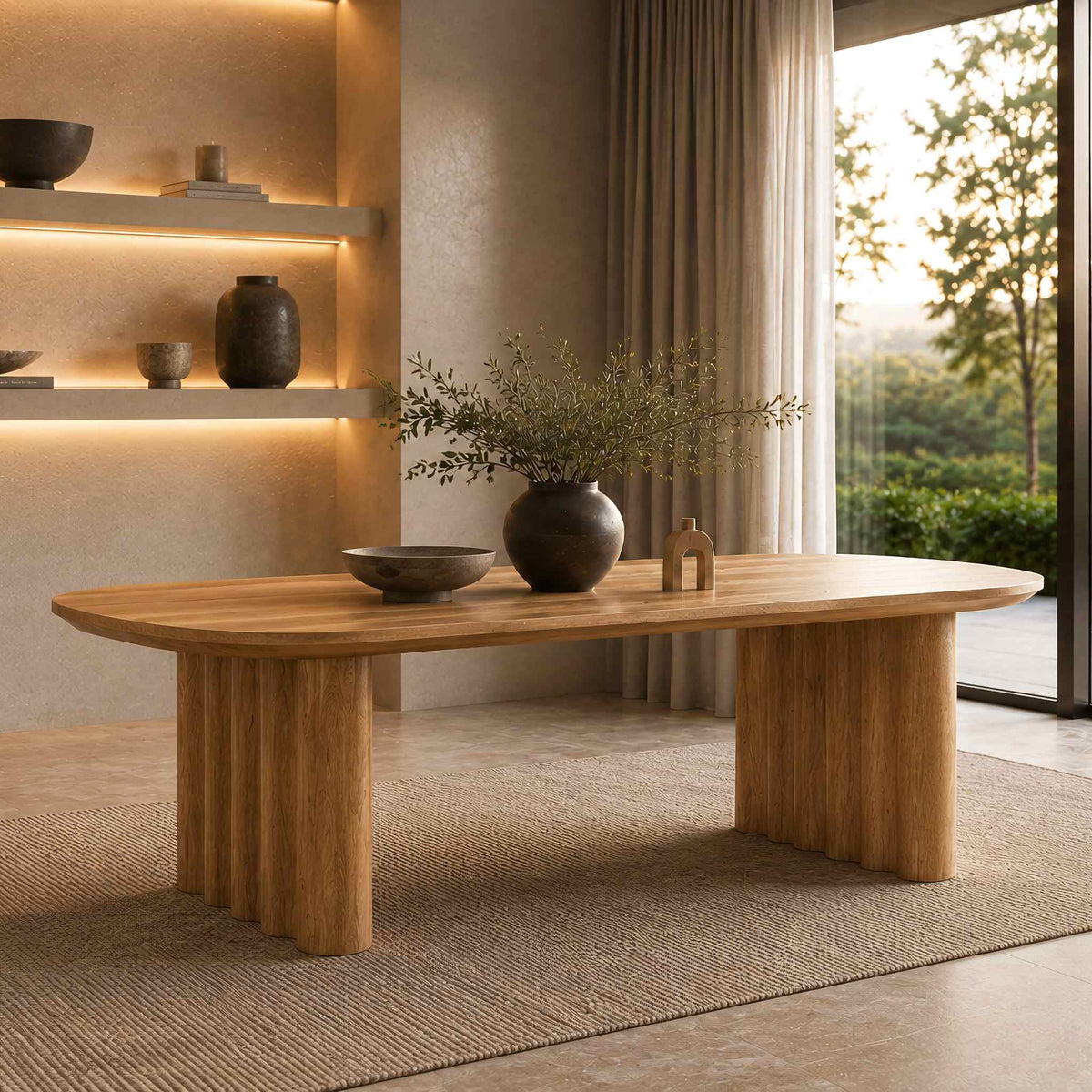 Leather Gallery Gaia 2M 6 Seater Dining Table in Natural, featuring an oval top and fluted pedestal legs in a warm minimalist dining room.