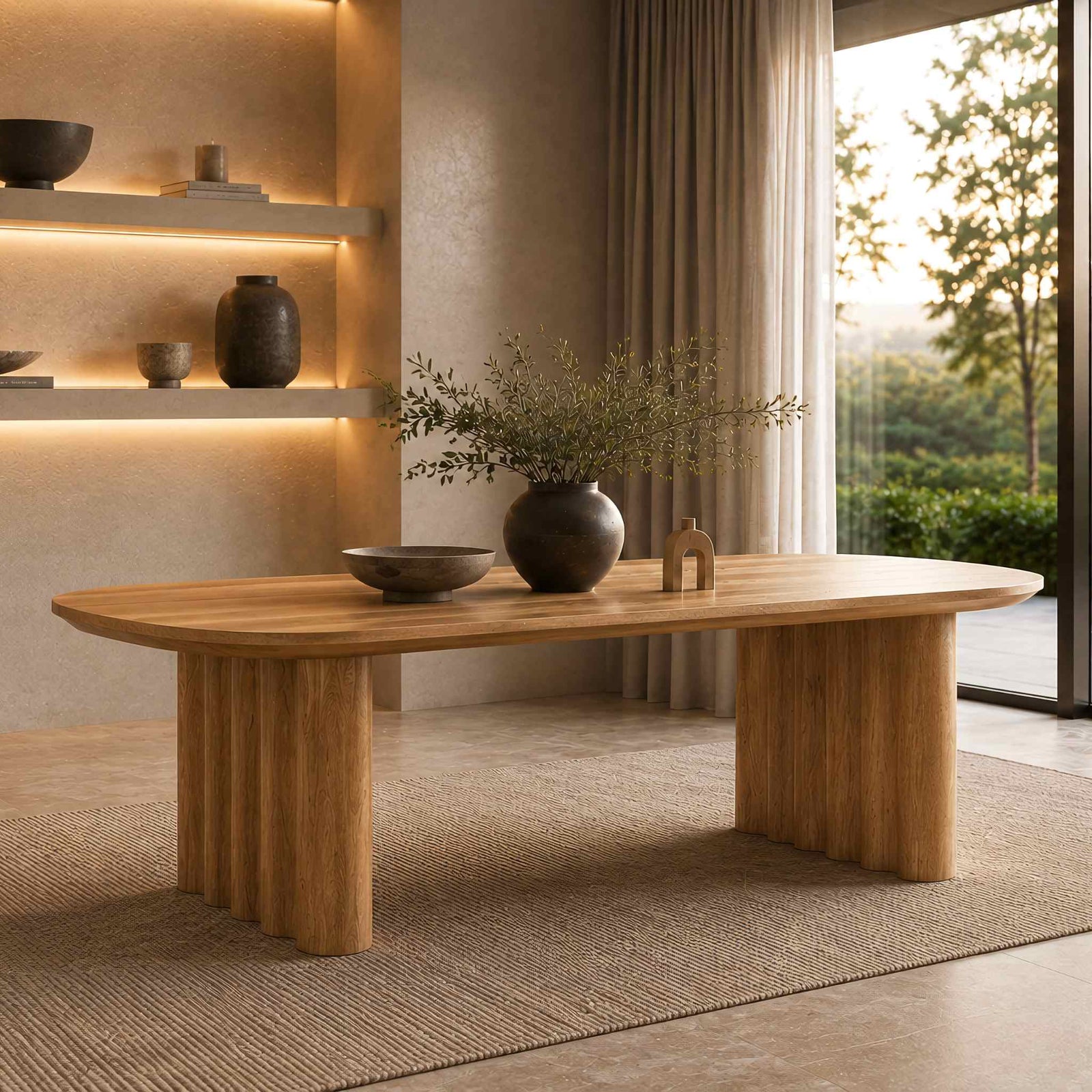 Leather Gallery Gaia 2M 6 Seater Dining Table in Natural, featuring an oval top and fluted pedestal legs in a warm minimalist dining room.
