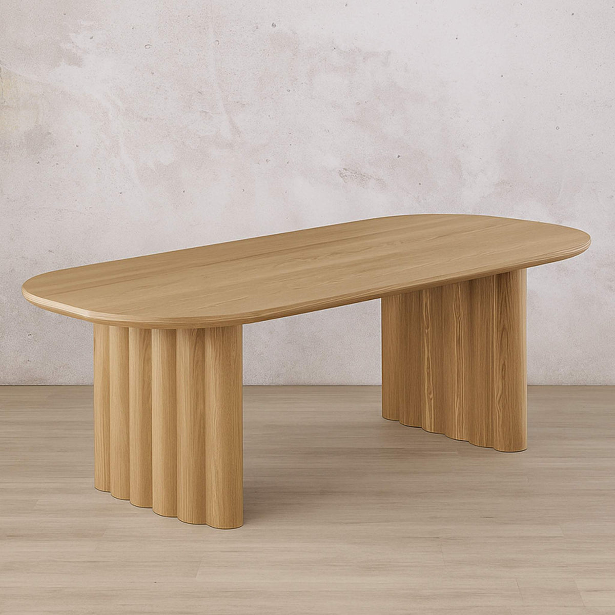 Gallery Everyday Gaia Dining Table in Natural, 2m 6 Seater, featuring a wooden top with distinctive cylindrical pedestal legs.