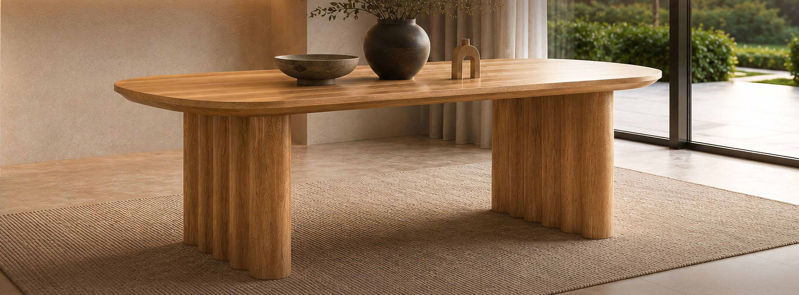 A modern oval wooden dining table with chunky fluted pedestal legs, styled with a dark bowl and vase on a textured beige rug in a bright, contemporary room.