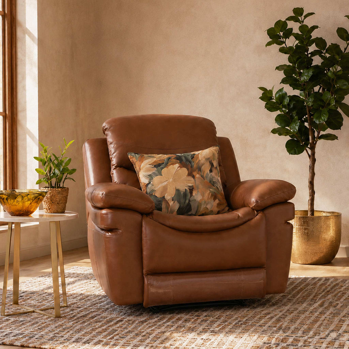 Geneva 1-seater leather recliner chair upholstered in Imperial Royal Walnut leather, styled in a cosy living space.|  1 seater leather recliner, lazyboy chairs, recliners for sale, recliner couches, recliner chairs for sale, recliner chairs