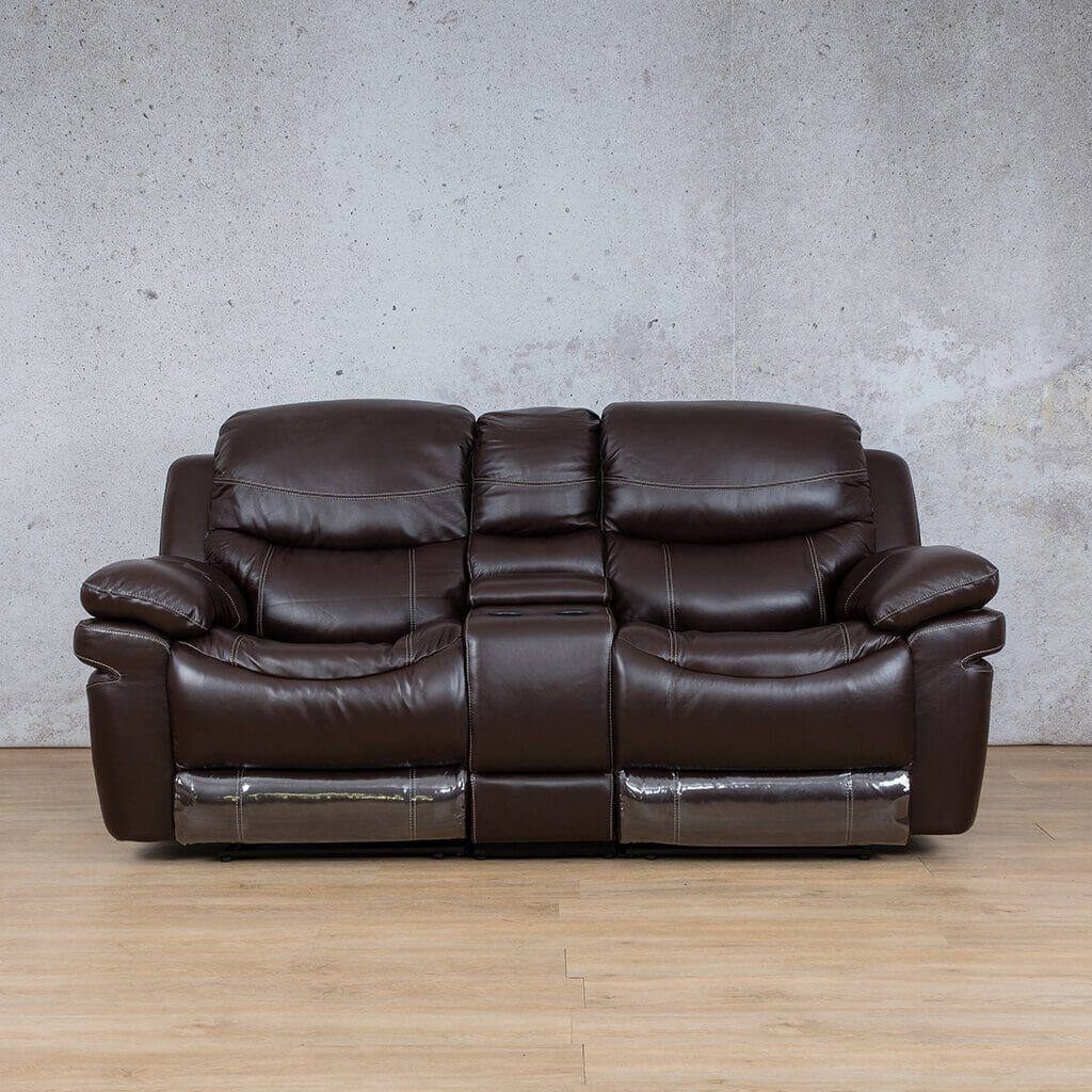 Geneva 2-seather home theatre recliner  couch in brown, front view with console & cupholders - Leather Recliner Couches, recliners south africa, recliner - Choc