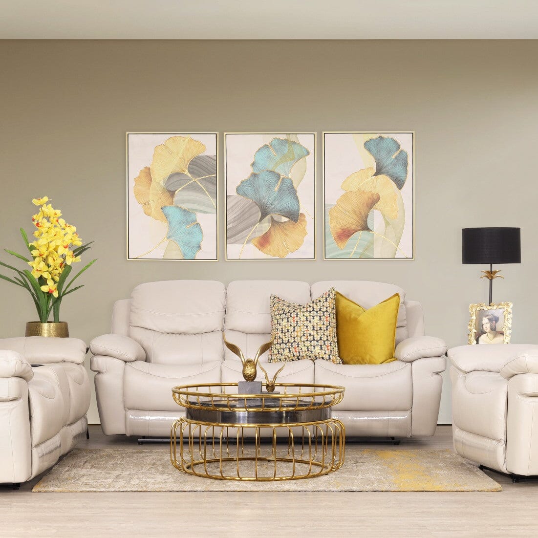 Geneva 3-piece Leather Recliner Home Theatre Suite - Beige-G in a chic living space.| Leather Recliner Couches, recliner couches for sale, recliner lounge suites