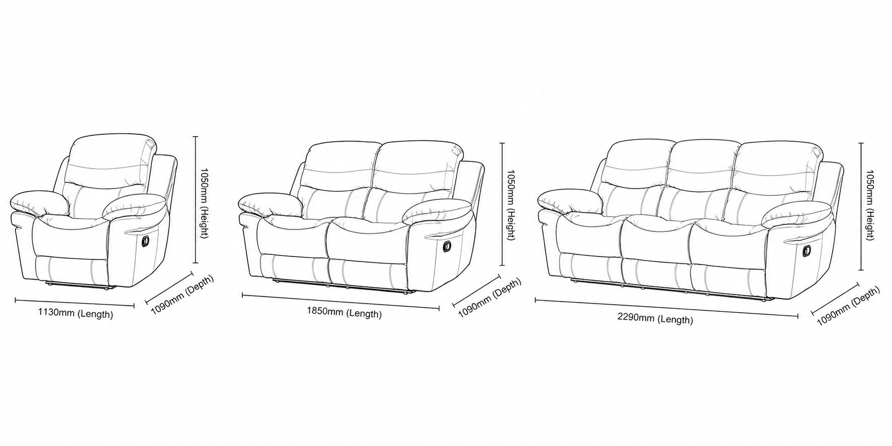 Measurement chart for Geneva 3+2+1 Leather Recliner Suite