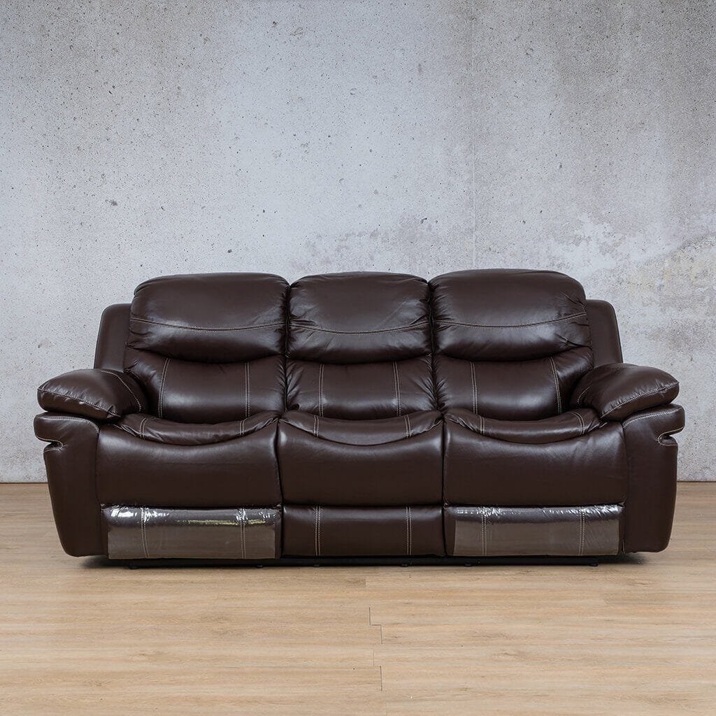 Geneva 3-seater Leather Recliner in choc, front view - Leather Recliner Couches,  recliner couches, 3 seater recliner couch -