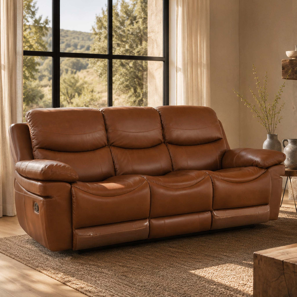 Geneva 3 seater leather recliner in  imperial royal walnut, styled in a rustic interior space. | 3 seater recliner couch, recliner settees, recliner couches, reclining 3 seater couch, recliner couches for sale