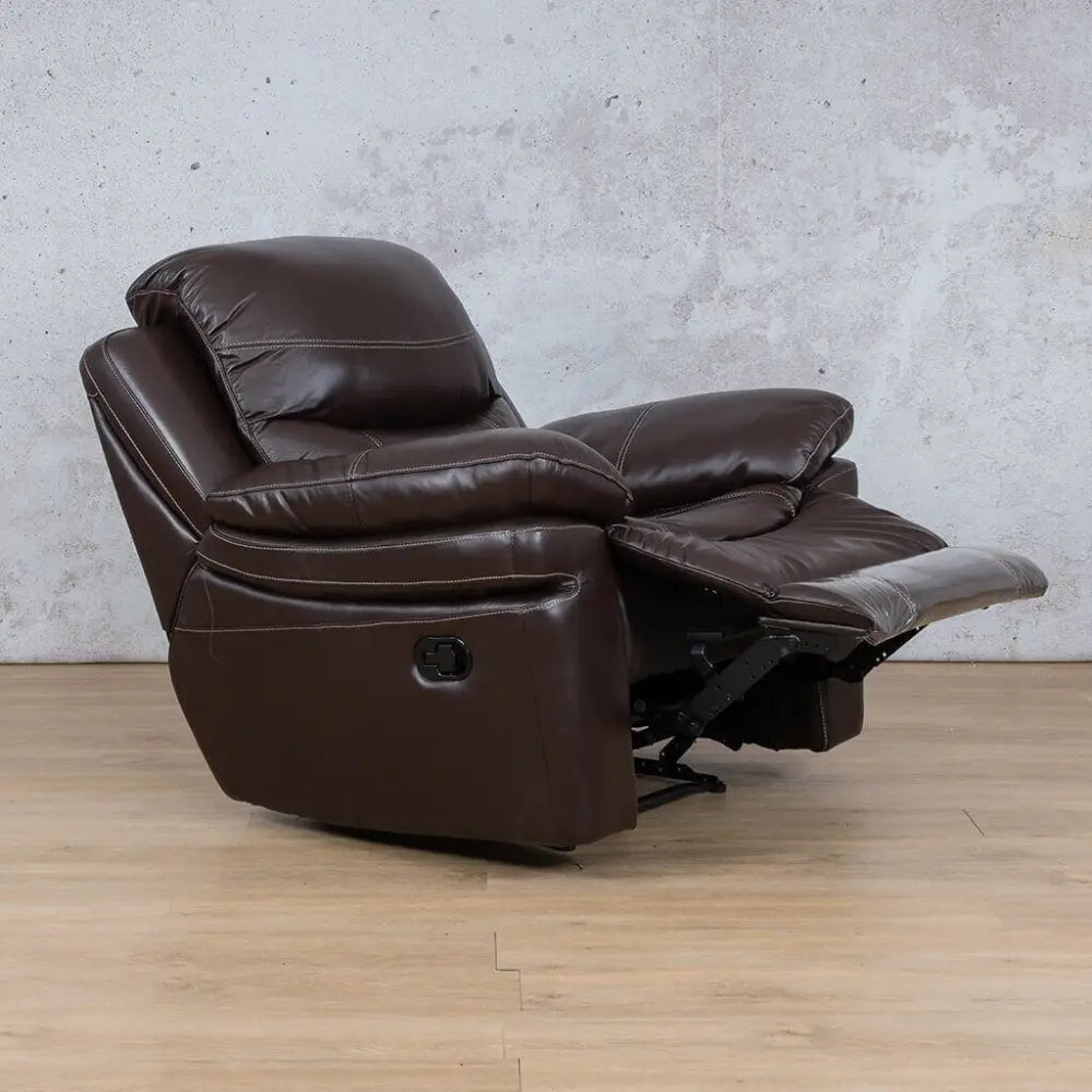 Geneva leather recliner chair in a reclined position - Leather Recliner, single recliner couch - Choc
