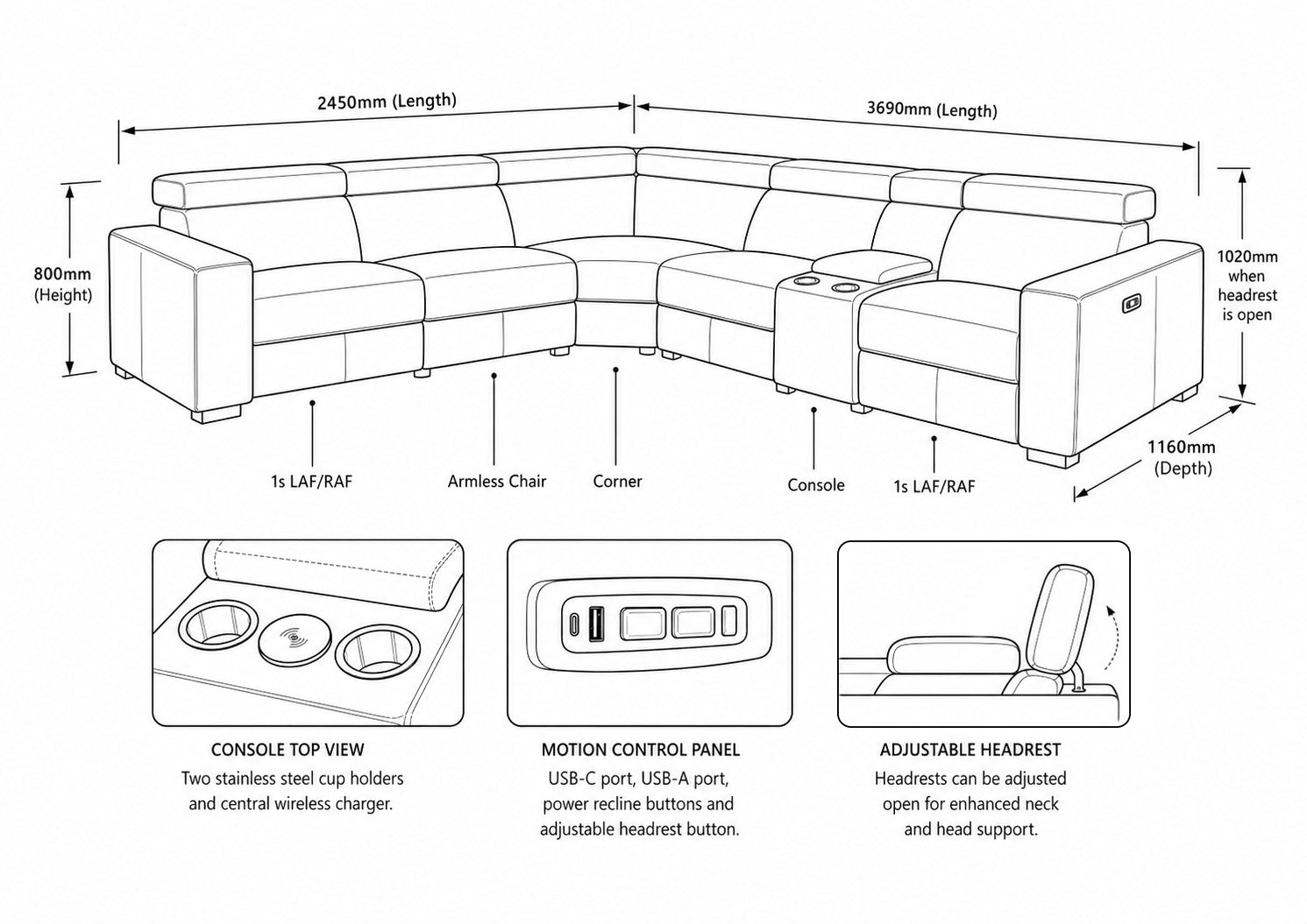 Measurement chart for Houston 5 Seater Leather L Shape Couch