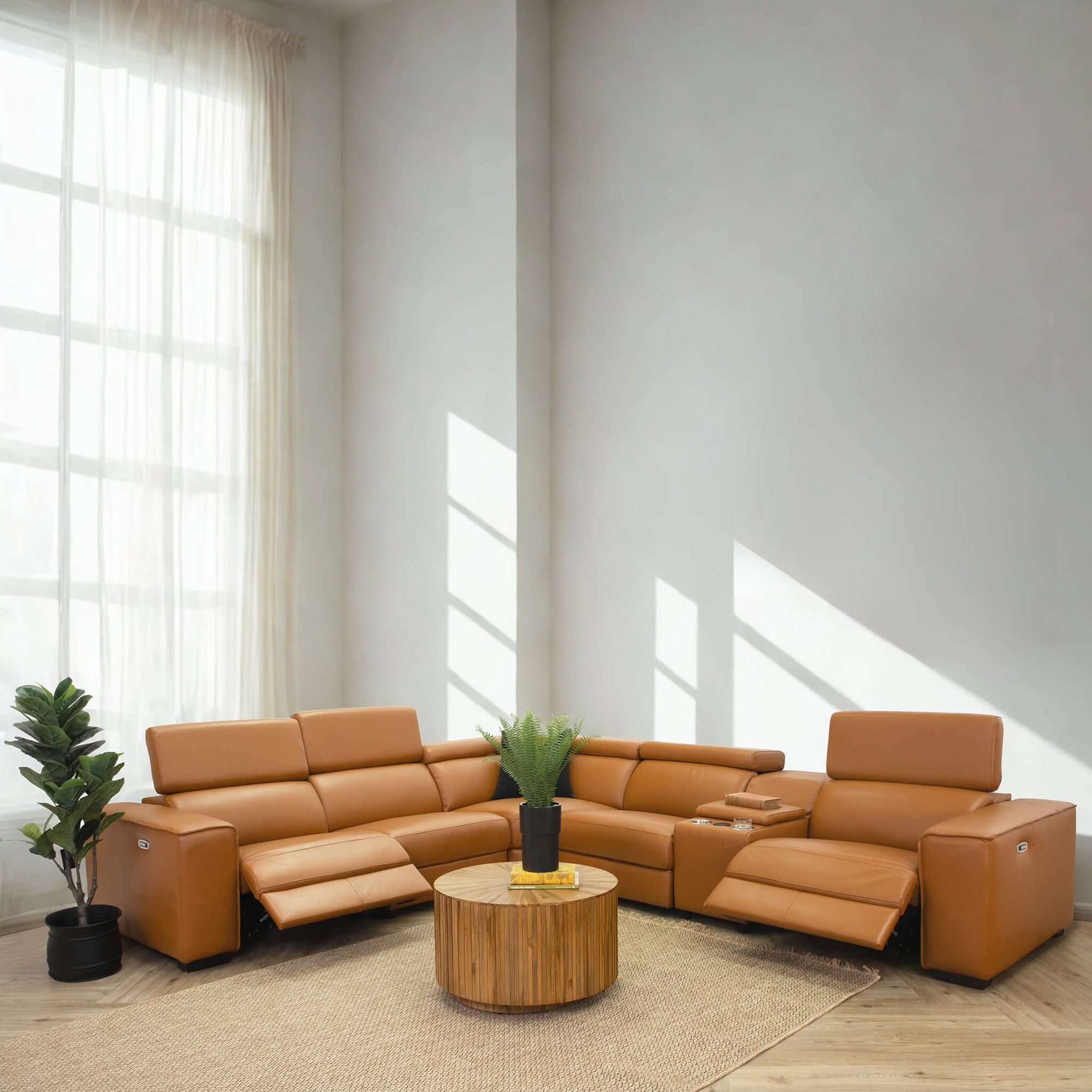 Discover the sophistication of the Houston Leather Corner Couch in Tan, with built-in cup holders, USB Ports, a storage console and a wireless charger.  