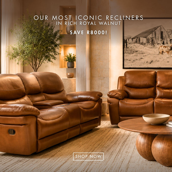 Geneva Recliner couches in Imperial Royal Walnut shown in a rustic inspired interior. | recliner sofa, couches for sale, recliners couches for sale, home theatre recliners, leather recliners