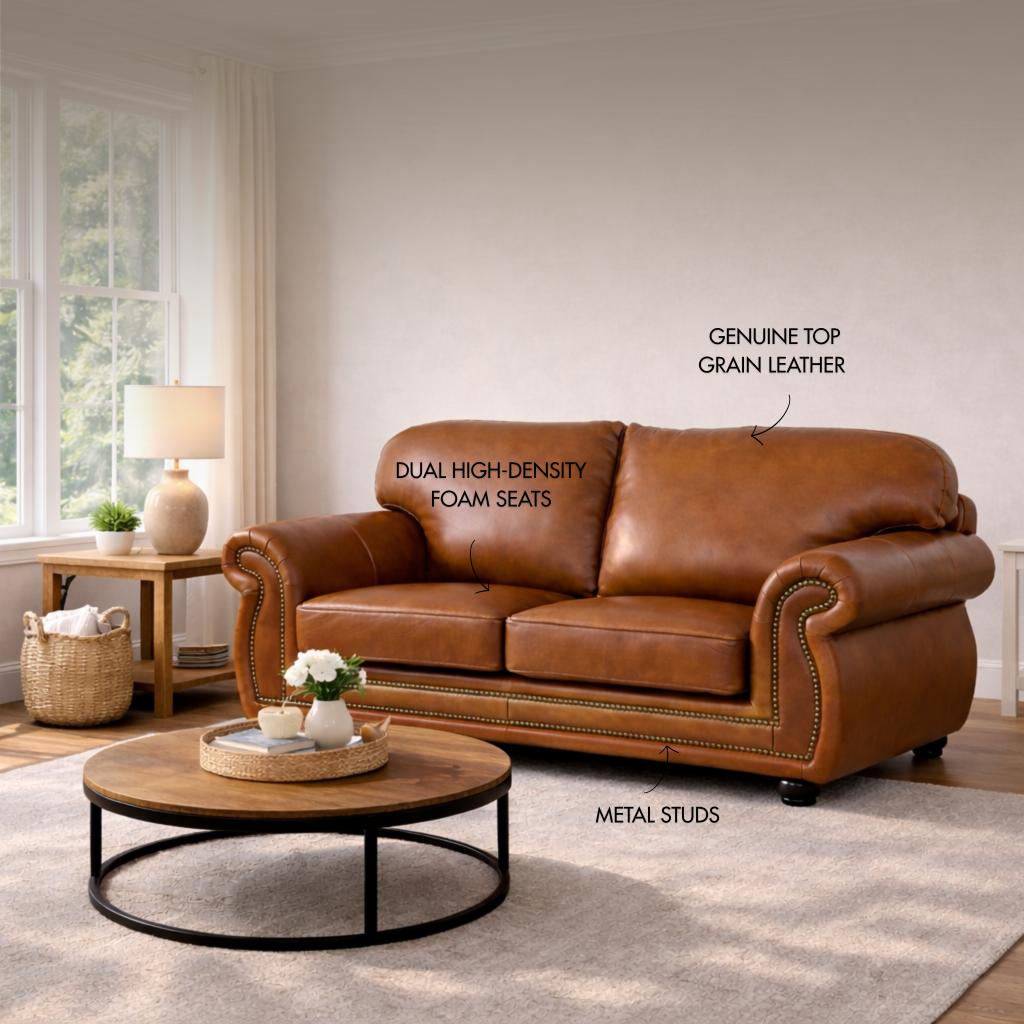 Isilo two-seater couch upholstered in czar pecan hued top-grain genuine leather, showcasing a classic rolled arm design with decorative metal stud detailing. A stylish 2-seater leather couch for classic interior spaces. 