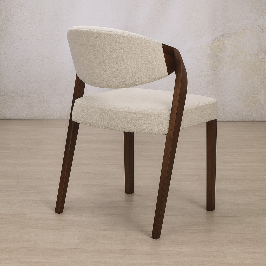 Back view of the Keanu Fabric Dining Chair with sturdy wood legs in a warm walnut finish | Leather Gallery Dining chairs, wooden dining chairs, cream dining chairs 