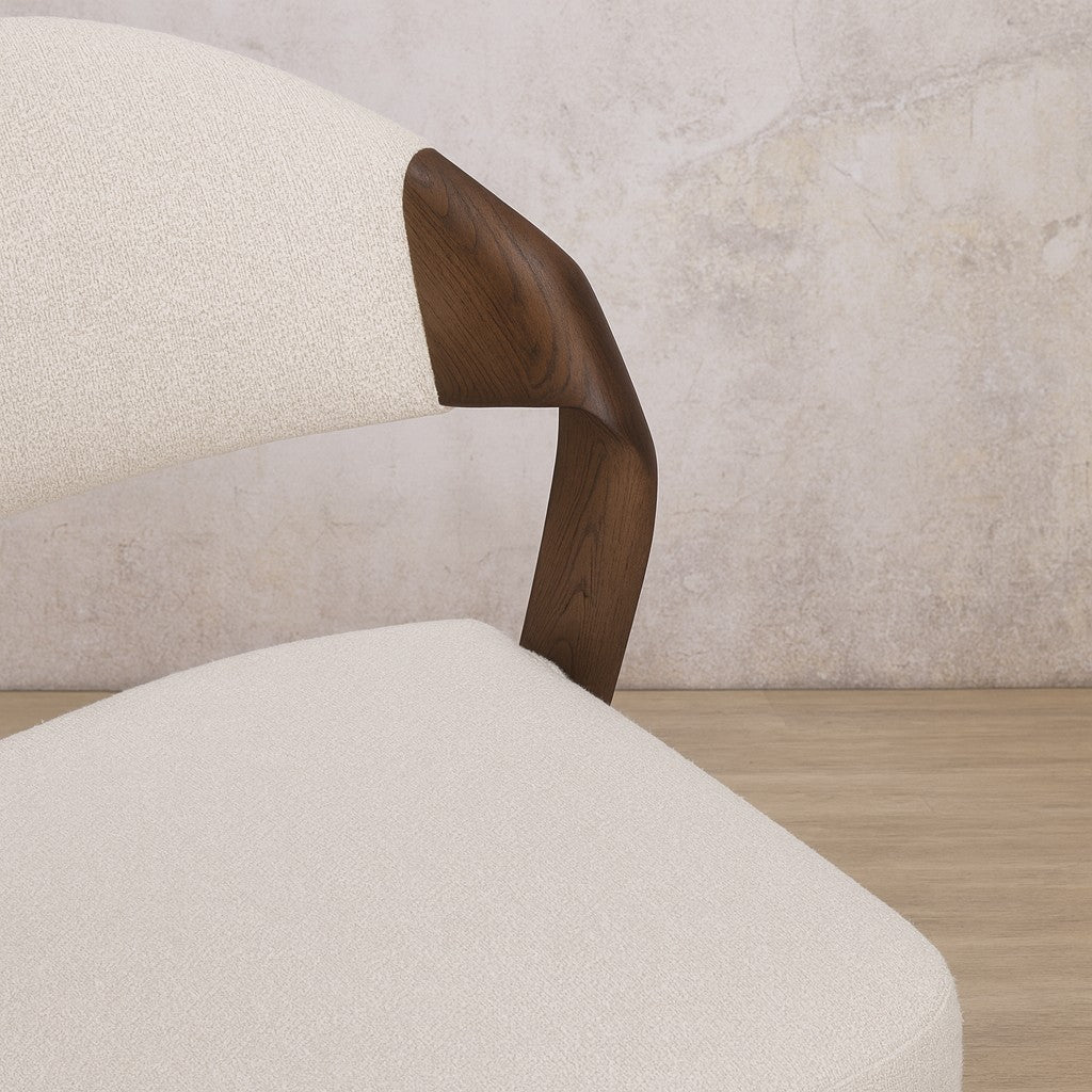 Close up showing wooden joinery on the backrest of the Keanu Fabric Walnut Dining Chair | Leather Gallery Dining chairs, modern dining chairs