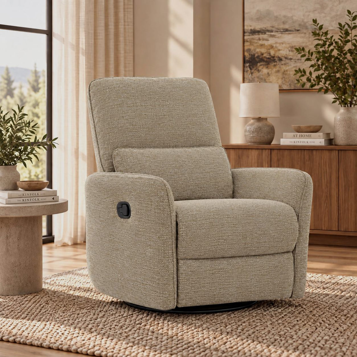 Gallery Everyday Kinsley Recliner Chair in Biscotti, featuring textured fabric upholstery and a side recliner control.