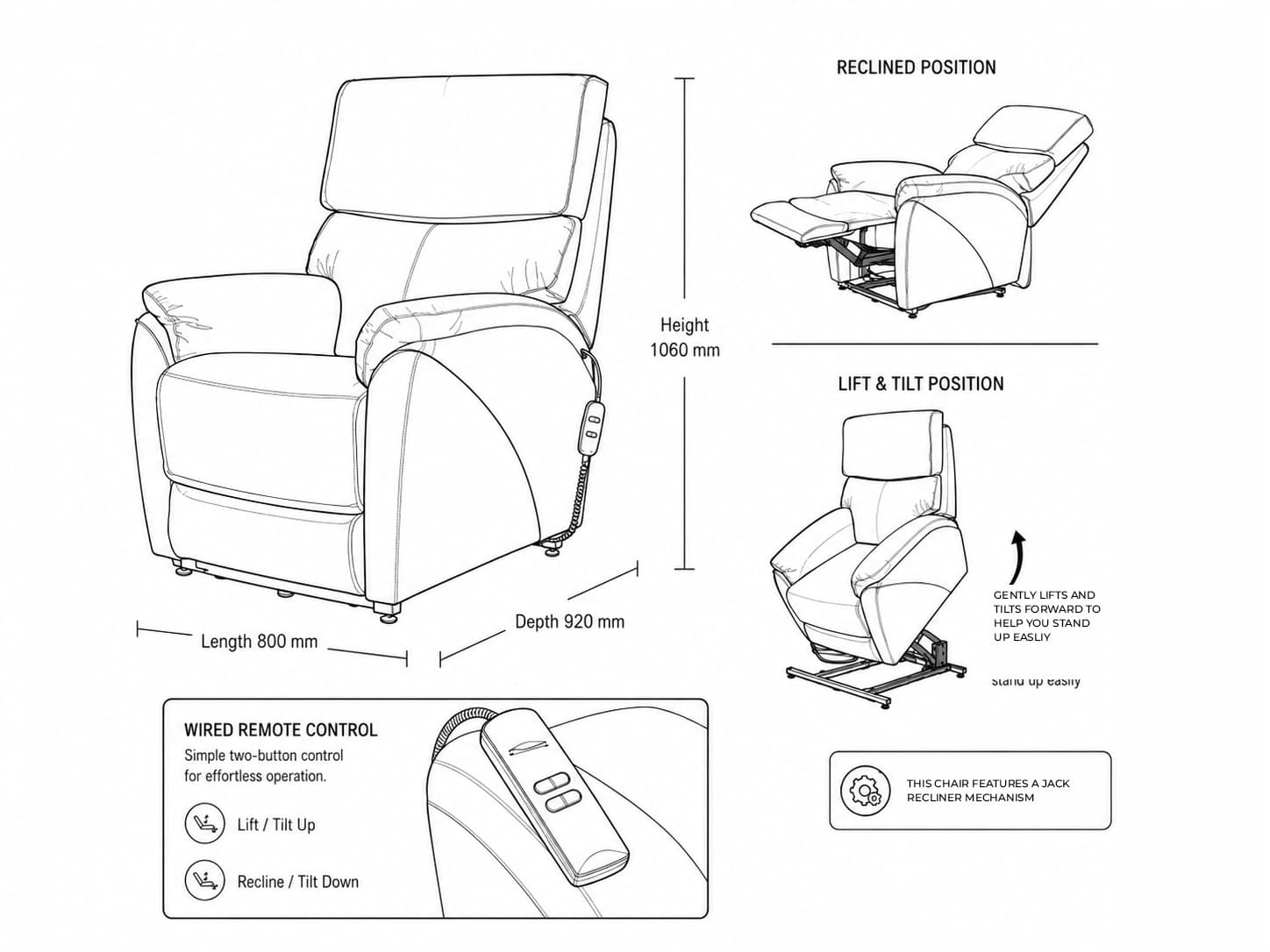 Measurement chart for Kolbe Electric 1 Seater Leather Recliner Chair