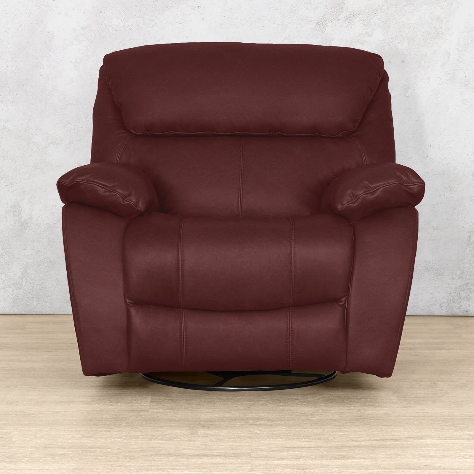 Front view of the Kuta leather non-rocker recliner chair in Czar Ruby | single seater recliner, recliner chair, leather recliner, recliner couches