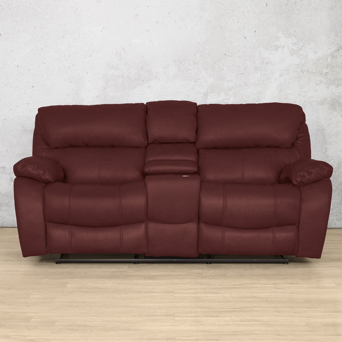 Front view of the Kuta 2 seater home theatre recliner couch in Czar Ruby | 2 seater recliner, home theatre recliner, leather recliner, recliner couches