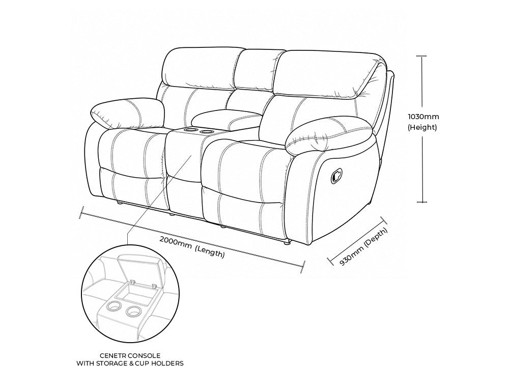 Measurement chart for Kuta 2 Seater Home Theatre Leather Recliner