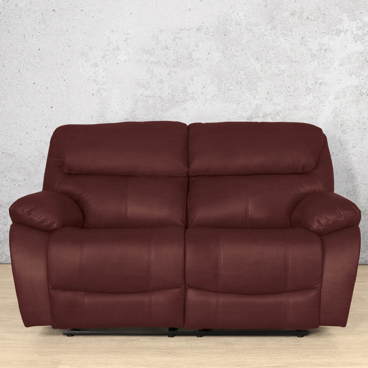 Front view of the Kuta 2 seater leather recliner couch in Czar Ruby | 2 seater recliner, home theatre recliner, leather recliner, recliner couches