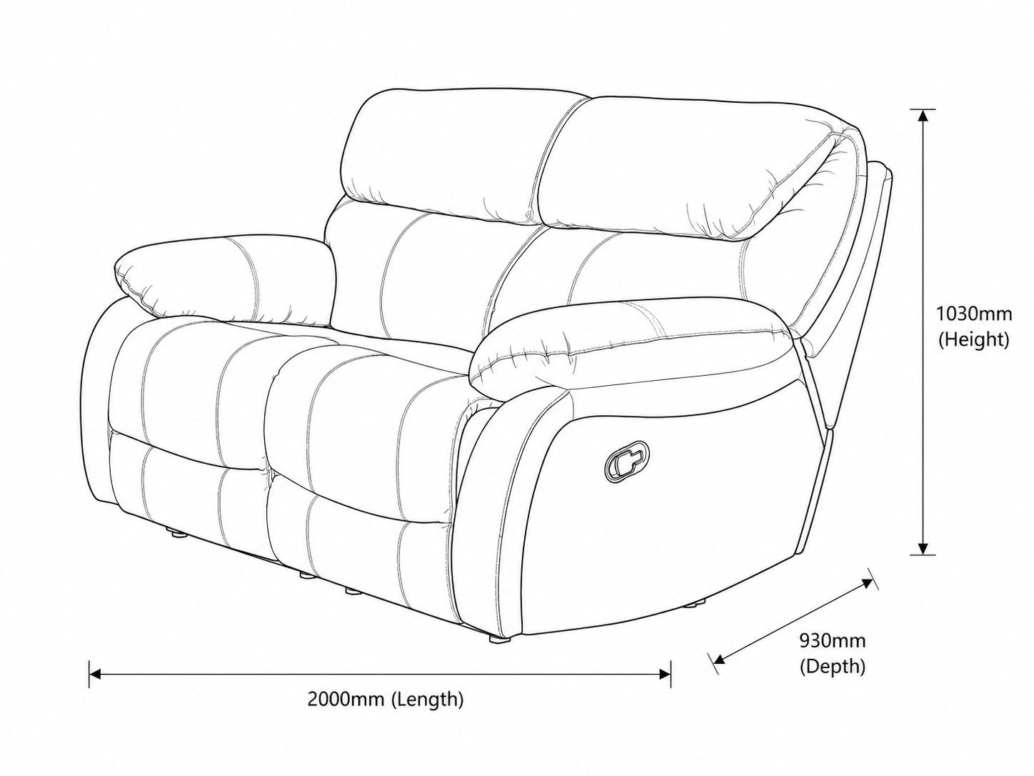 Measurement chart for Kuta 2 Seater Leather Recliner