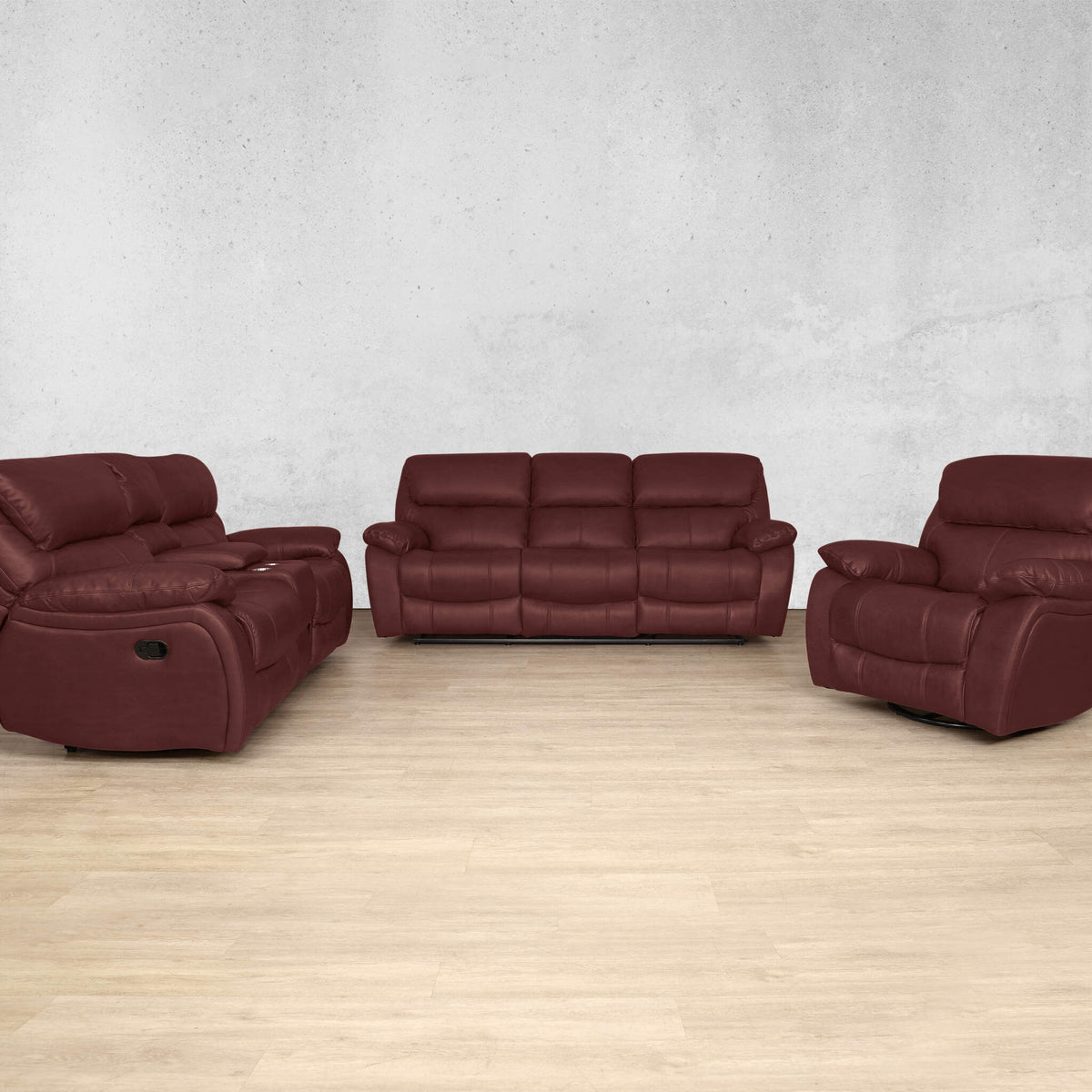 Front facing view of the Kuta 3-piece recliner lounge suite in Czar Ruby. | recliner couch, leather recliner, couches for sale, recliner, recliners for sale 