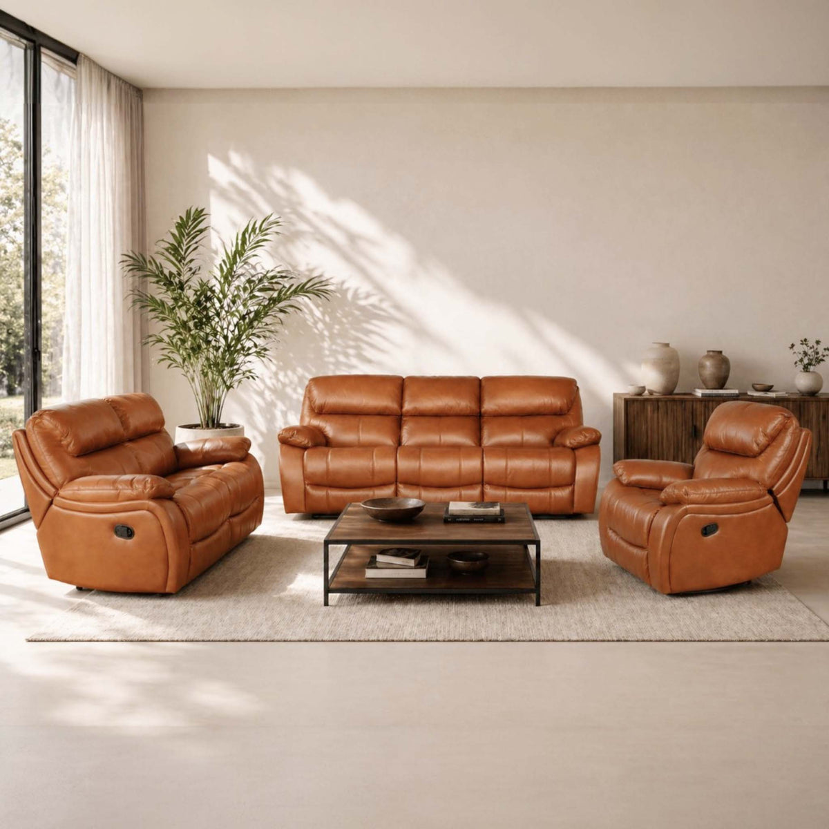 Kuta 3 + 2 + 1 Leather Recliner Suite - Rocker - Rocker / Czar Pecan - Leather Recliner