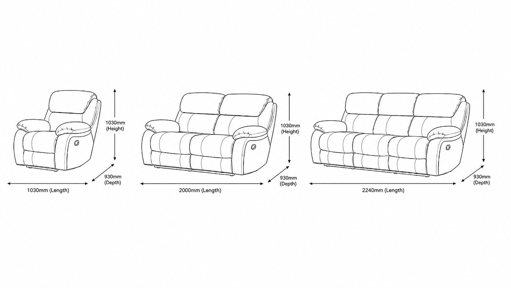 Measurement chart for Kuta  3+2+1 Leather Recliner Suite  (Non Rocker)