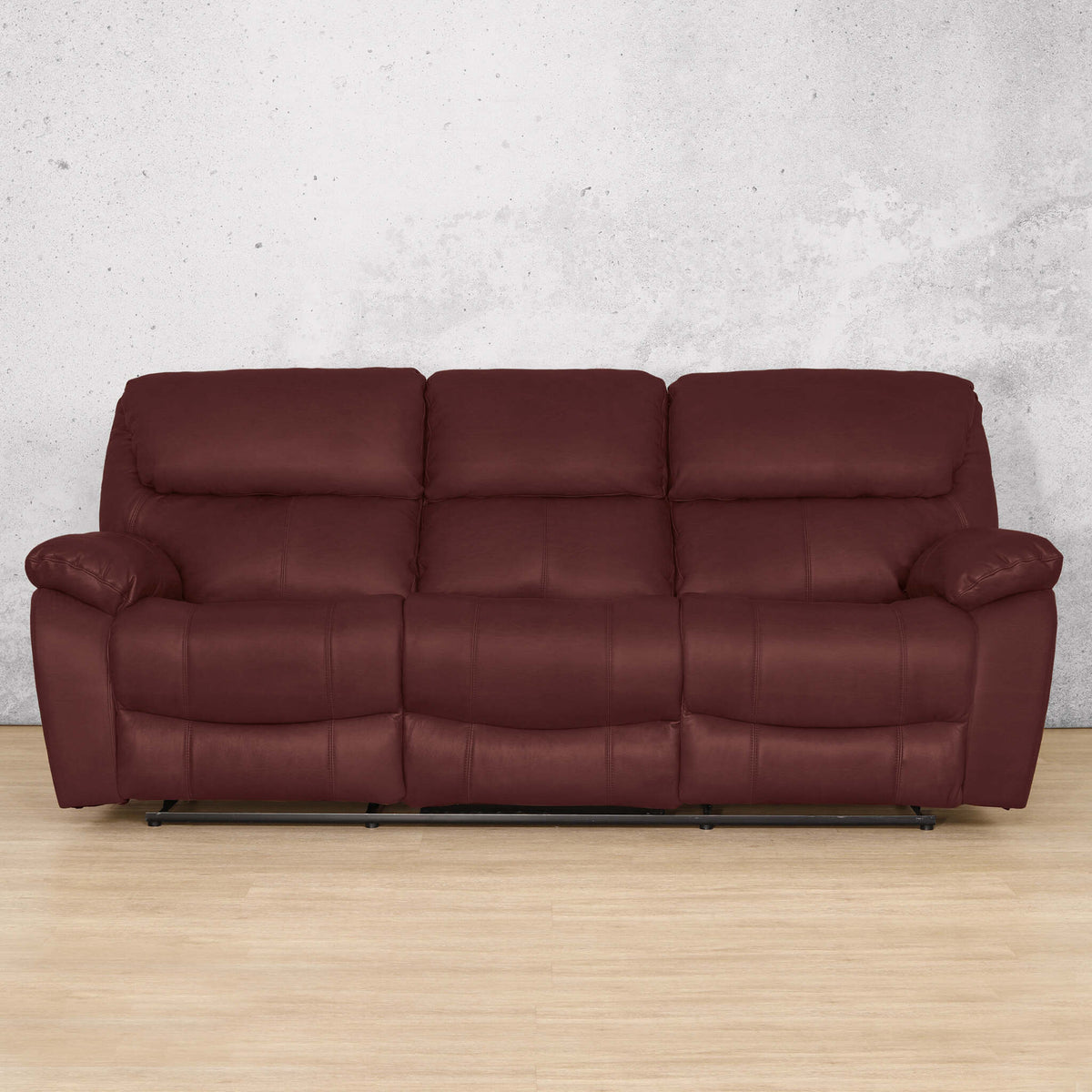 Front facing view of the Kuta leather 3 seater recliner couch in Czar Ruby. | recliner couch, recliners, leather recliner, 3 seater recliner couch