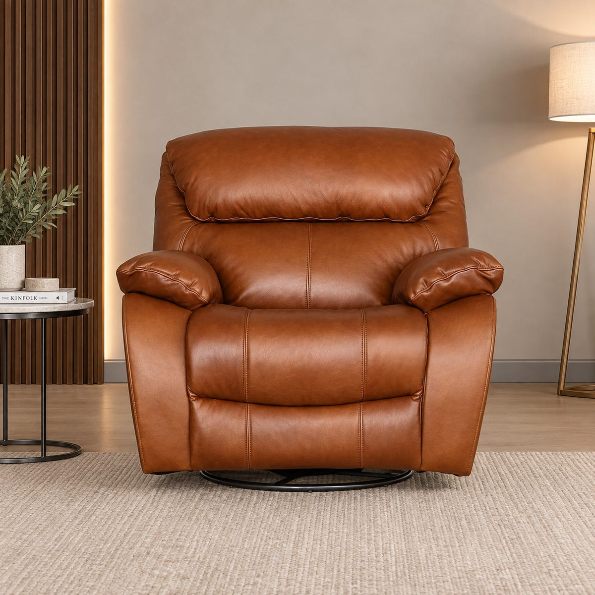 Leather Gallery Kuta 1 Seater Leather Recliner in Czar Pecan, featuring leather upholstery and a swivel base.