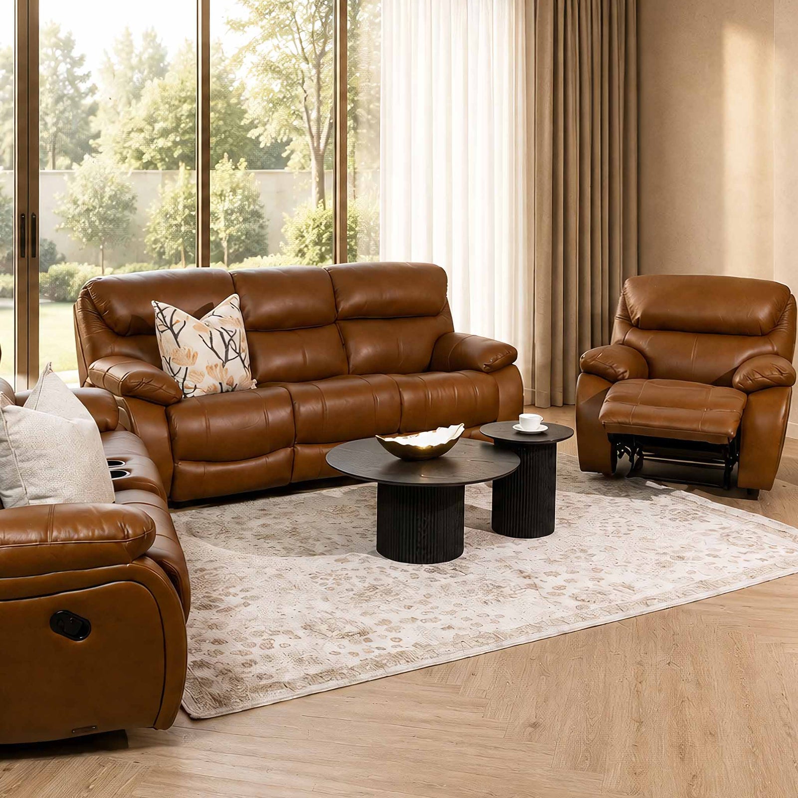 Leather Gallery Kuta 3+2+1 Leather Recliner Home Theatre Suite in Czar Pecan, featuring matching 3 seater, 2 seater home theatre, and 1 seater non-rocker recliners.