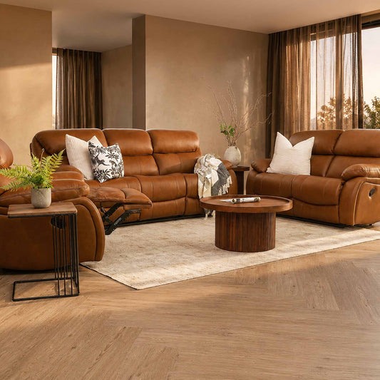 Leather Gallery Kuta 3+2+1 Leather Recliner Suite in Czar Pecan, featuring matching rocker recliners styled in a warm modern living room.